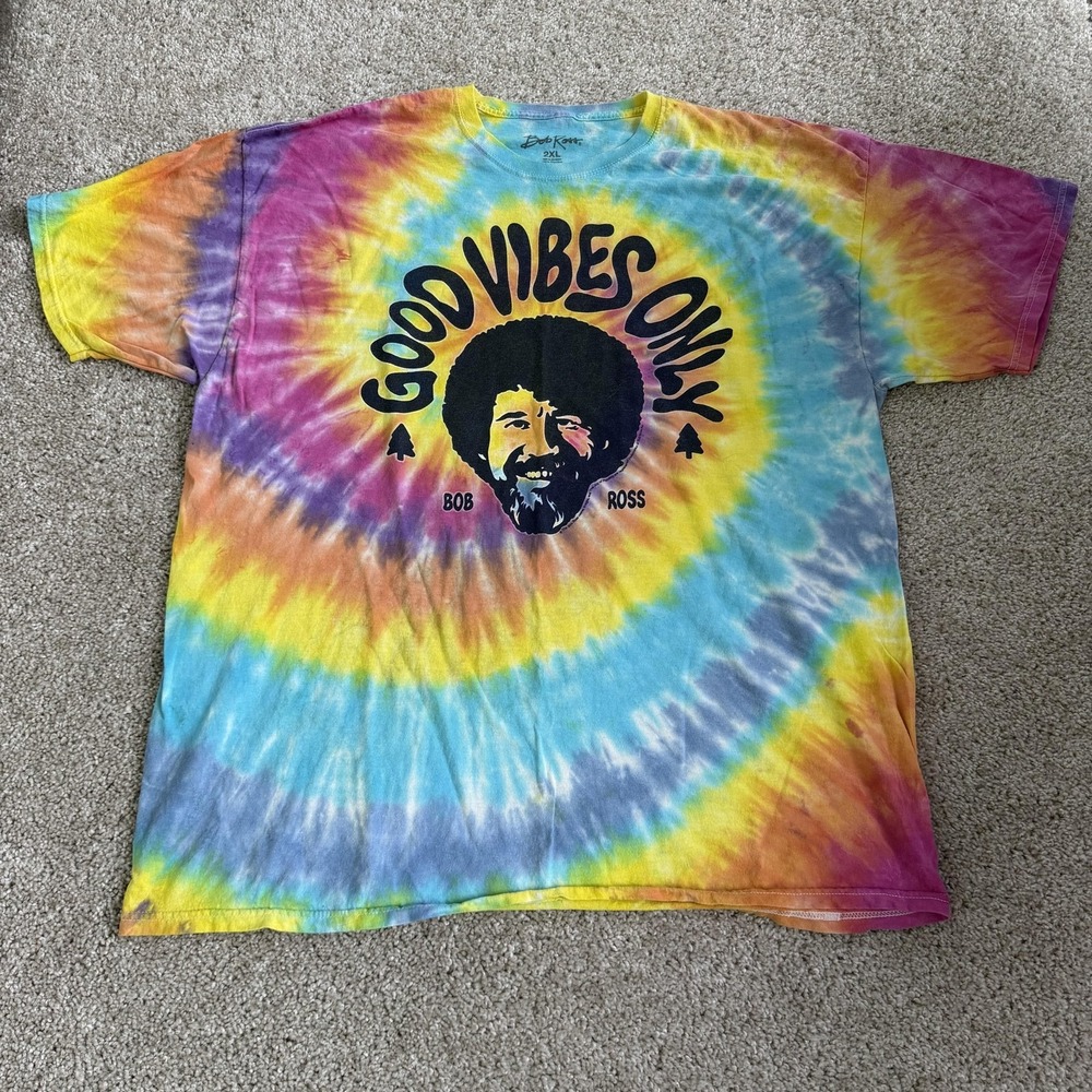 Bob Ross Good Vibes Only Shirt Mens 2XL Tie Dye Colorful Graphic Tee T-Shirt